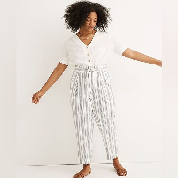 Madewell Linen-Cotton Paperbag Pants in Dark Baltic Stripe Sz 10 white Linen - Picture 1 of 15